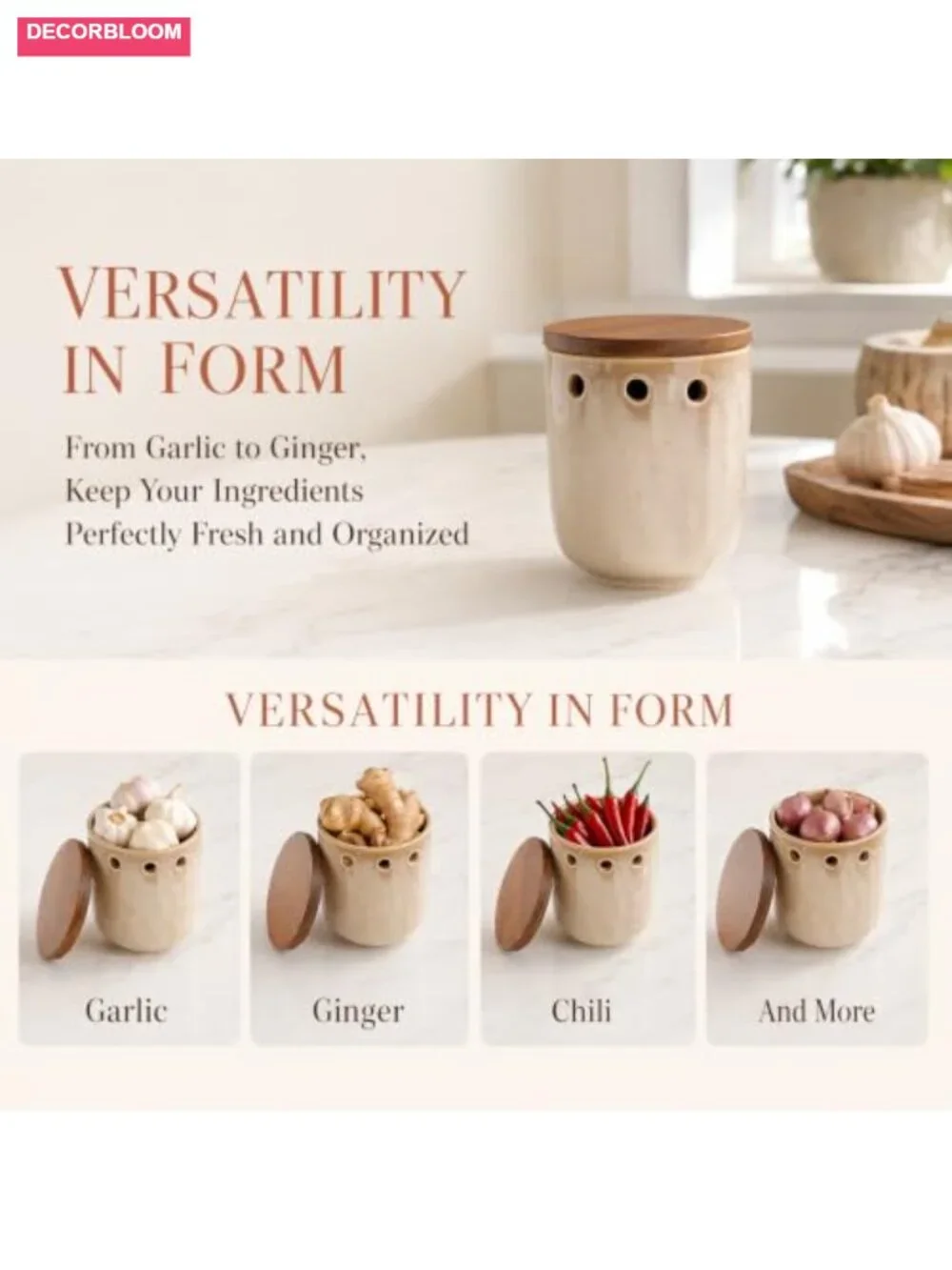 Ceramic Garlic Keeper with Wood Lid, Large Capacity Storage Container